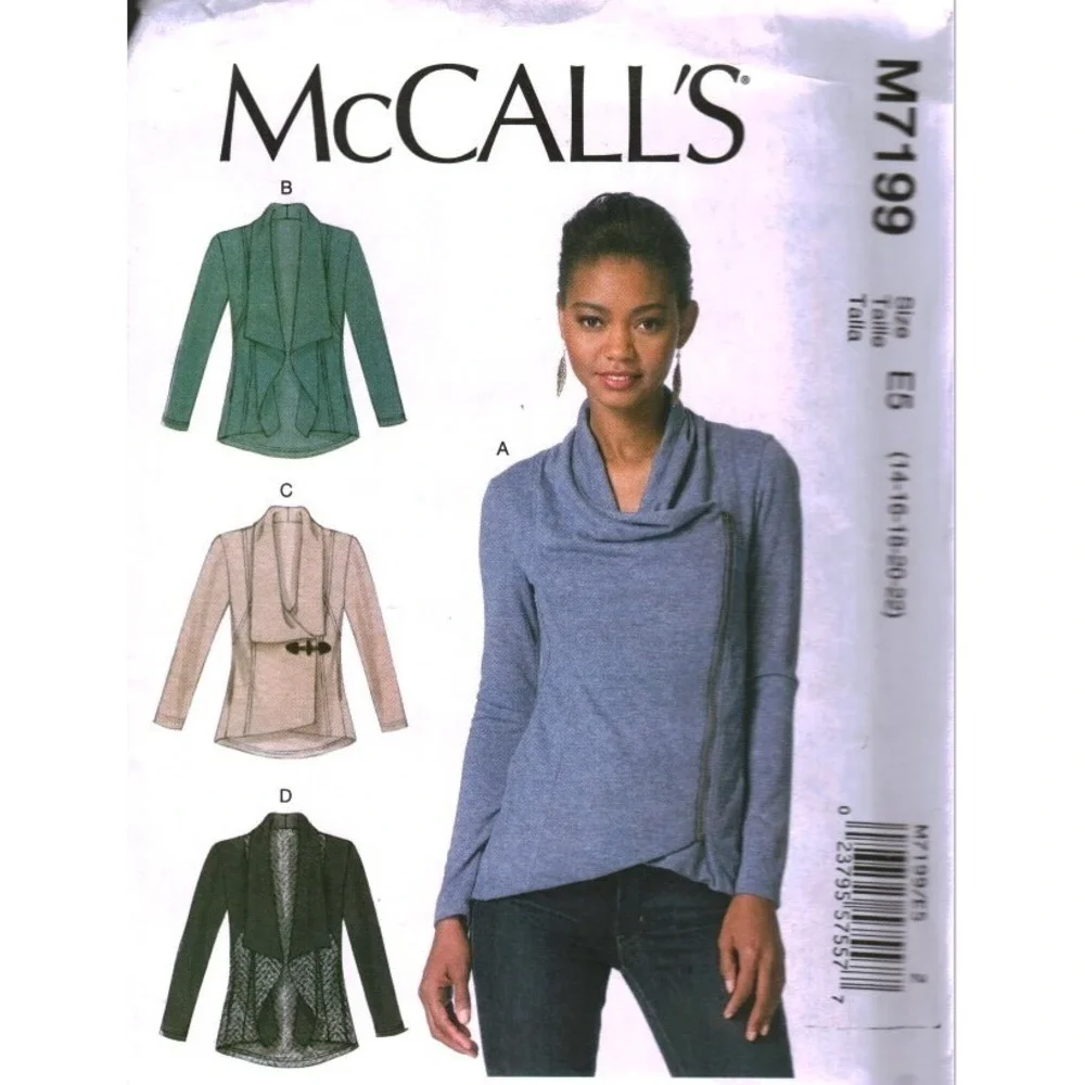 McCalls M7199 Sewing Pattern Misses Draped Cowl Neck Jackets Size 14-16 E5